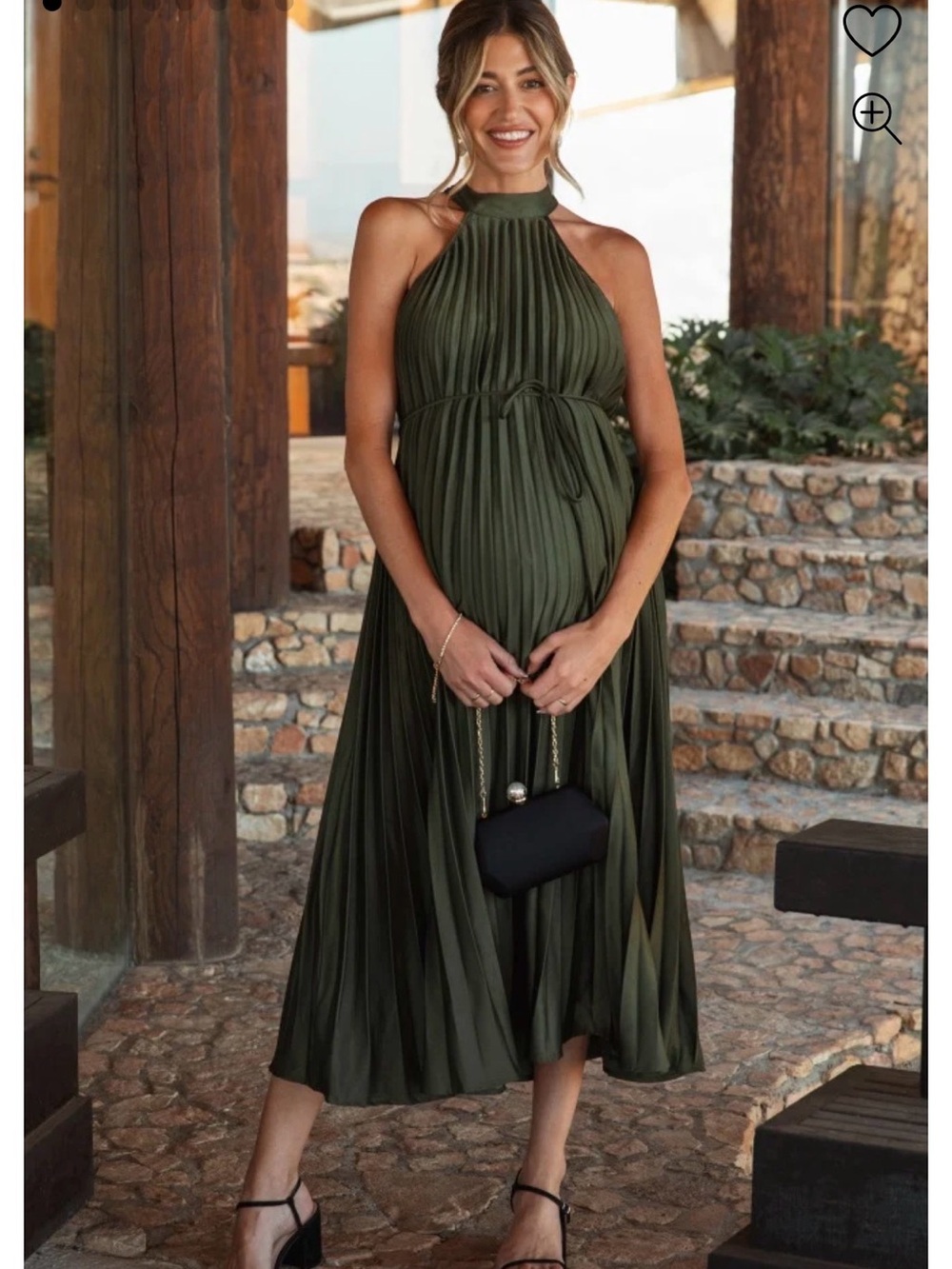Olive Green Halter Pleated Midi maternity Dress - Women's